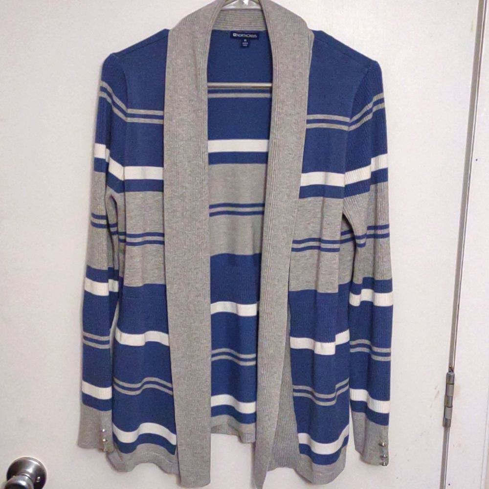 Blue and white cardigan, medium.